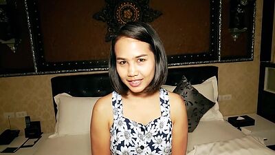 Shy amateur small titted Thai teen Lily Koh fucking a throbbing white cock