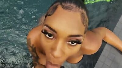 Big tit black gf pov rides poolside on a sunny day