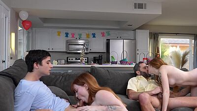 Big tits MILF stepmom sucked stepsons big dick during hot foursome sex