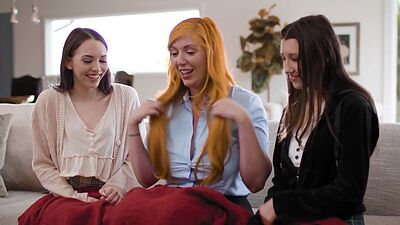 Lucky big tits MILF lesbian finger fucked two perfect lesbian teen friends