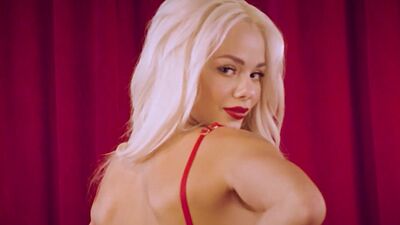 Beautiful petite blonde teen Elsa Jean posing in beautiful red lingerie