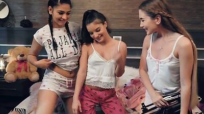 Tiny nympho dykes fill holes with sex toys in threesome