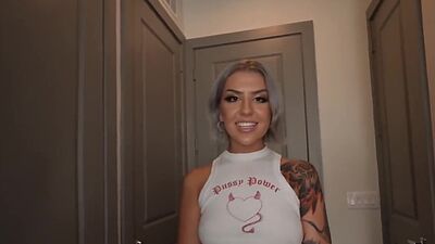 Inked Luna shows pierced nipples and sucks dick