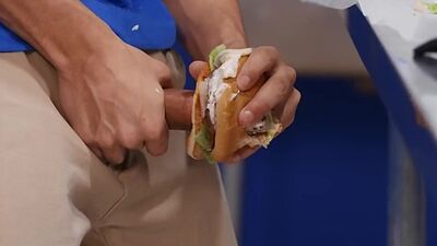 Short guy fucks busty cum loving MILF in fast food kitchen