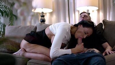 Busty stepmom deepthroating her new stepsons hard cock