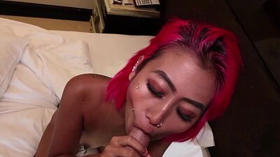 Petite pierced amateur Thai teen Fang showering and fucking a white cock