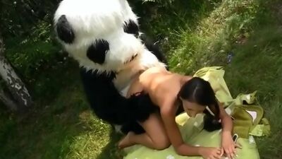 Sexy strap on fuck with young artist outdoor