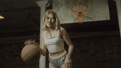 Beautiful blonde teen posing with the ball and exposed her stunning body