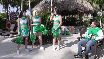 Teen cheerleader Alice Visby and her BFFs taking advantage on a big cock