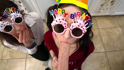 Mature stepmom Melody Mynx and MILF stepsis giving blowjob for birthday