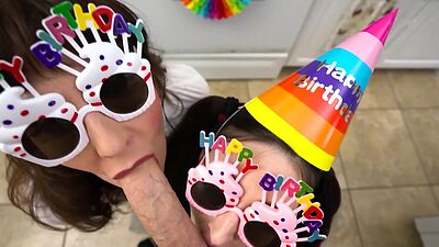 Mature stepmom Melody Mynx and MILF stepsis giving blowjob for birthday