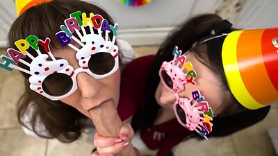 Mature stepmom Melody Mynx and MILF stepsis giving blowjob for birthday