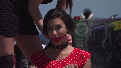 Public BDSM babe naked exposed outdoor by kinky femdom