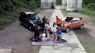 Cab bitches smashed outdoor in orgy by nasty fuckers