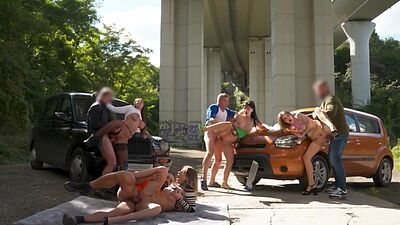 Cab bitches smashed outdoor in orgy by nasty fuckers