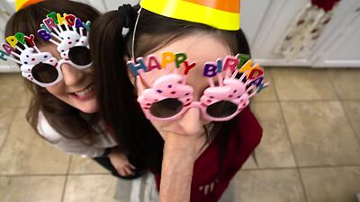 Birthday blowjob party with wet MILF stepmom and naughty teen stepsister