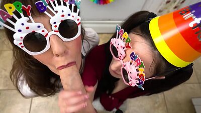 Birthday blowjob party with wet MILF stepmom and naughty teen stepsister
