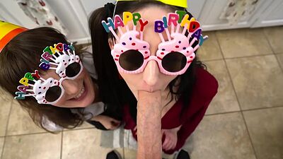 Birthday blowjob party with wet MILF stepmom and naughty teen stepsister