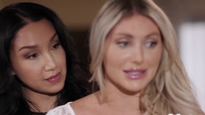 Vicki Chase and Kayley Gunner having a passionate sex in bed