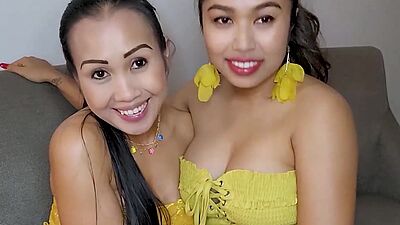 Amateur Thai lesbian MILF Joon Mali dildoed by her busty asian GF Anda