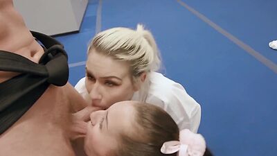 Teen karate hottie Bella Rolland and her BFFs struggling on a big cock