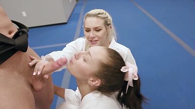 Teen karate hottie Bella Rolland and her BFFs struggling on a big cock