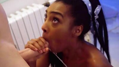 Throating Ebony babe hairypussy fucked in laundry room