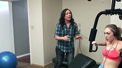 Brunette lesbian babe fucking blonde roommate with strap on