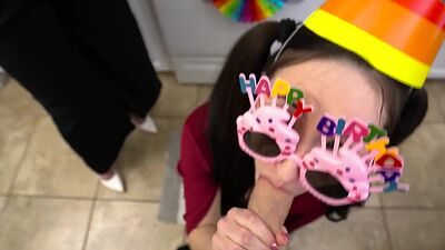 Stepmom and stepaunt gives the most amazing birthday blowjob to stepson