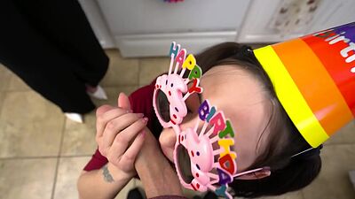 Stepmom and stepaunt gives the most amazing birthday blowjob to stepson