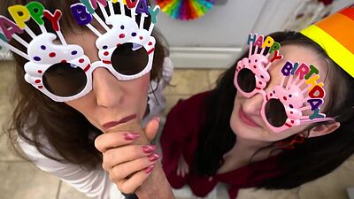 Stepmom and stepaunt gives the most amazing birthday blowjob to stepson