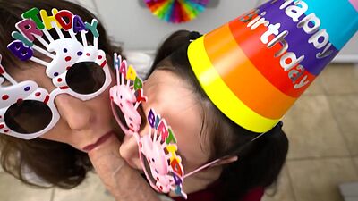 Stepmom and stepaunt gives the most amazing birthday blowjob to stepson
