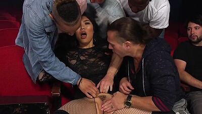 IR anal Asian babe gangbanged in public cinema by tough guys