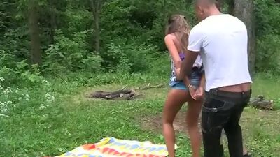 Caught in the woods and fuck threesome & girl