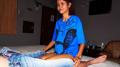 Extra skinny amateur Thai teen Mai fingered and fucked by a BWC client