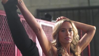 Flexible skinny blonde dancer Natalie Mae reveals her perfect big boobs