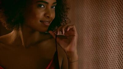 Curly ebony model shows perfect petite body after hot striptease action