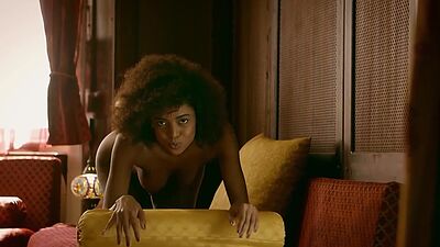 Curly ebony model shows perfect petite body after hot striptease action