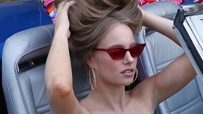 Hot brunette teen posed by the sport car and babe exposed her stunning body