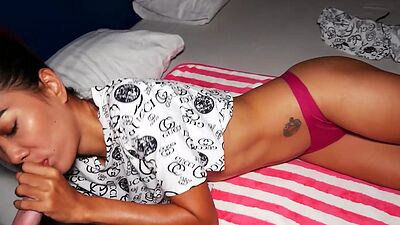 Skinny amateur Thai teen slut Neung fucked from behind by a big white cock