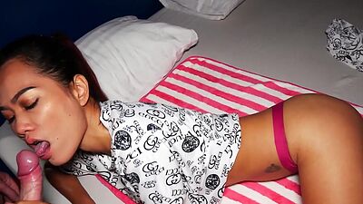 Skinny amateur Thai teen slut Neung fucked from behind by a big white cock