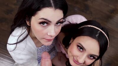 Stepsisters giving their stepbrother a double blowjob