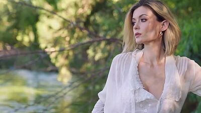 Totally wet teen model shows perfect big tits during outdoor posing action