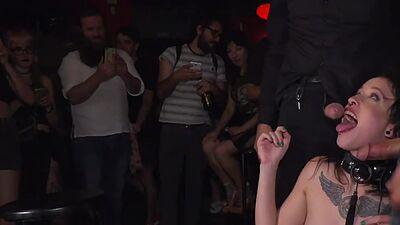 Tattooed public babe deepthroats in 3some for voyeurs