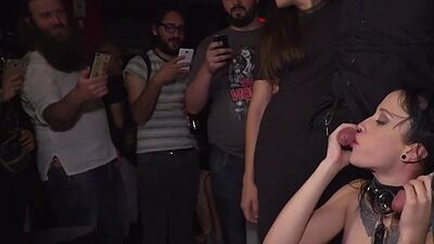 Tattooed public babe deepthroats in 3some for voyeurs