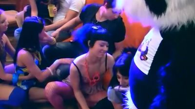 Naughty and pretty party girls share a dildo