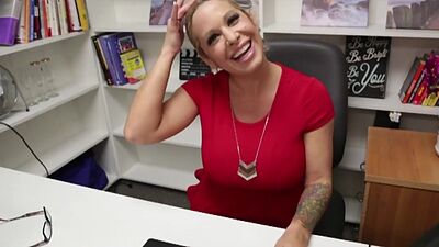 Femdom office oiled MILF jerks cock with tits n hands in POV