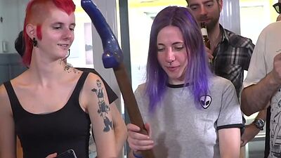 Public BDSM babe deepthroats hard cock in front of voyeurs