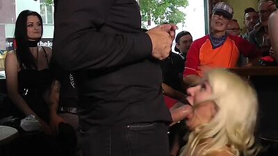 Public BDSM sluts fucked in pussy and mouth in front voyeurs