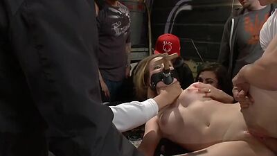 Scandalous BDSM slut fucked and spanked in group voyeur sex